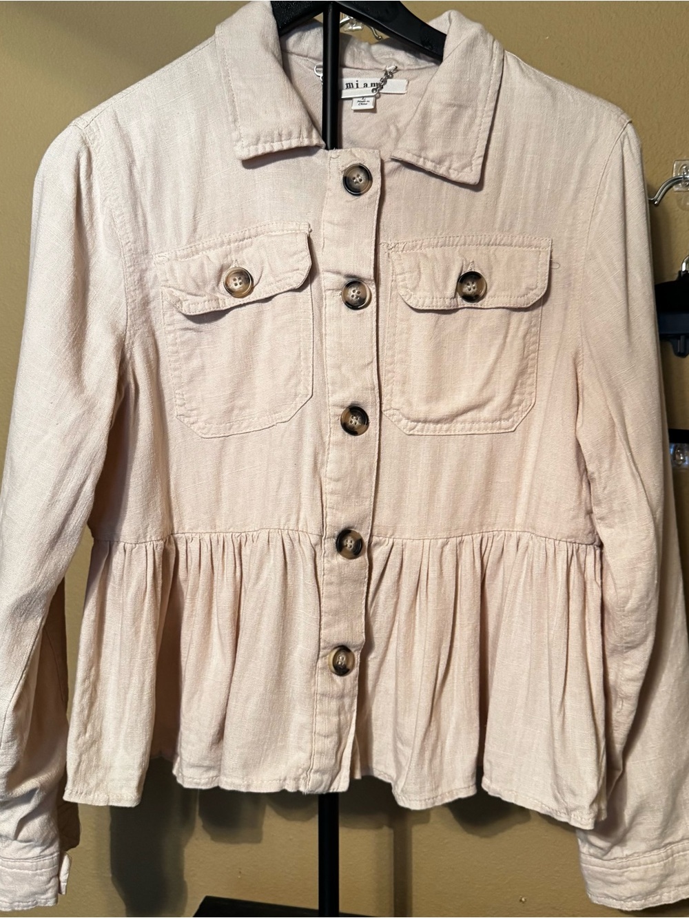 MIAMI Women Large Cotton Linen Jacket Beige Peplum Utility Button Front Shacket - Picture 2 of 9